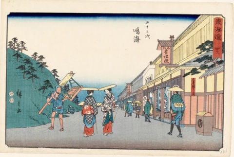 Utagawa Hiroshige, 41 – Narumi. Negozi che vendono i celebri tessuti shibori, dalla serie Cinquantatré stazioni di posta del Tôkaidô, 1848-49 ca. - Honolulu Museum of Art