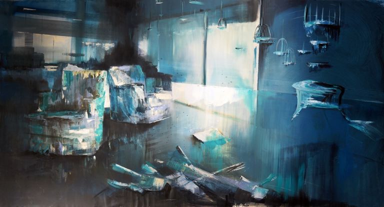 Arianna Matta, Interno acquatico, olio su tela, 80x150 cm