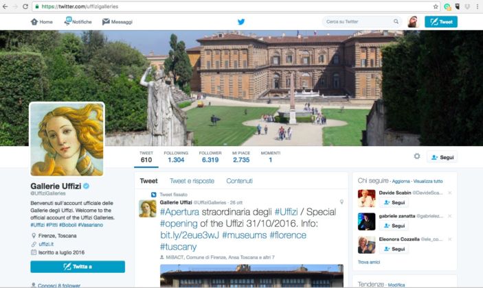 L'account Twitter degli Uffizi il 28 ottobre 2016