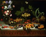 Maestro di Hartford, Vaso di fiori, alzatina con fichi, cesta con uva e frutta su tavolo - Collezione privata
