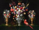 Pittore caravaggesco, Tre vasi di fiori, scoiattolo e pappagallo su tavolo - Collezione privata