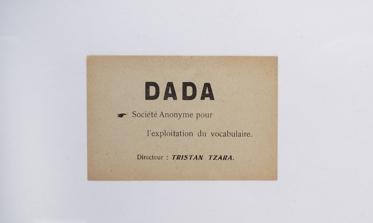 Tristan Tzara, "Dada Anonymous Society for the exploitation of vocabulary", Dada flyer, 1918, CHANEL Patrimoine Collection, Paris – © Christophe Tzara/Collection Patrimoine de CHANEL