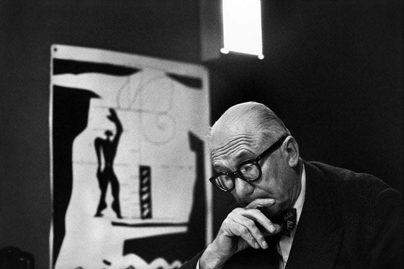 Le Corbusier and his “Modulor” in his office, 35 rue de Sèvres. Paris, France, 1959 © René Burri / Magnum Photos