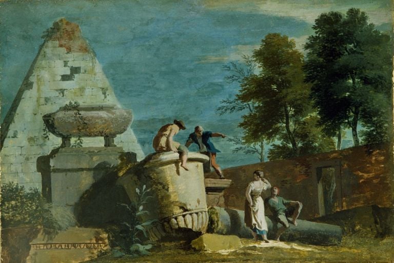 Marco Ricci, Paesaggio con ruderi classici, 1720 -1730, tempera su pelle di capretto, Donazione Federici, 1910, cm 26x38,3