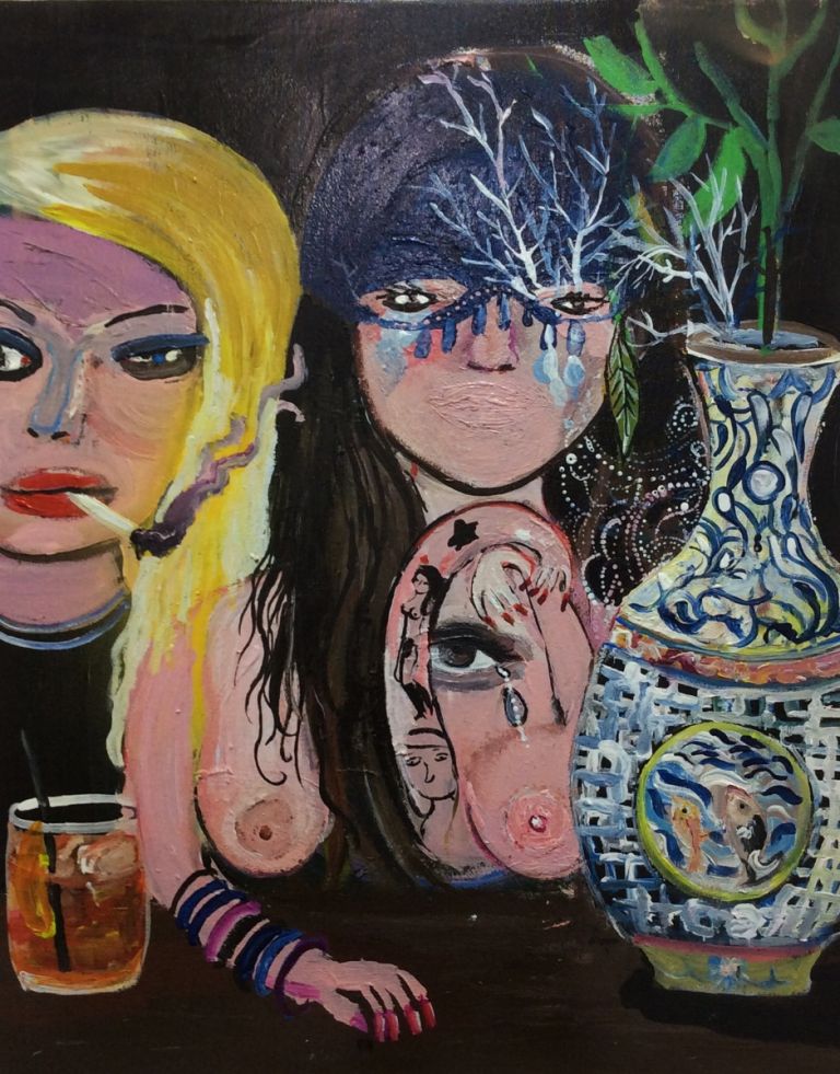 Silvia Argiolas, Due ragazze e un negroni, 2016, tecnica mista su tela, cm 50x40