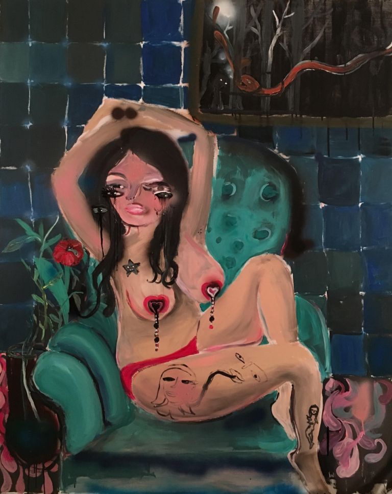 Silvia Argiolas, Ragazza con vaso, 2016, tecnica mista su tela, cm 150 x 120