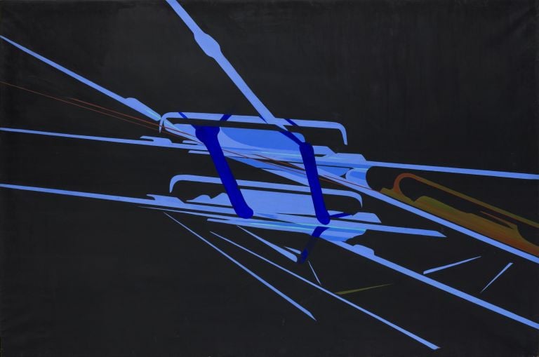 Titina Maselli, 1969, Fili nel Cielo, olio su tela 169x250 cm, courtesy Galleria Massimo Minini Brescia