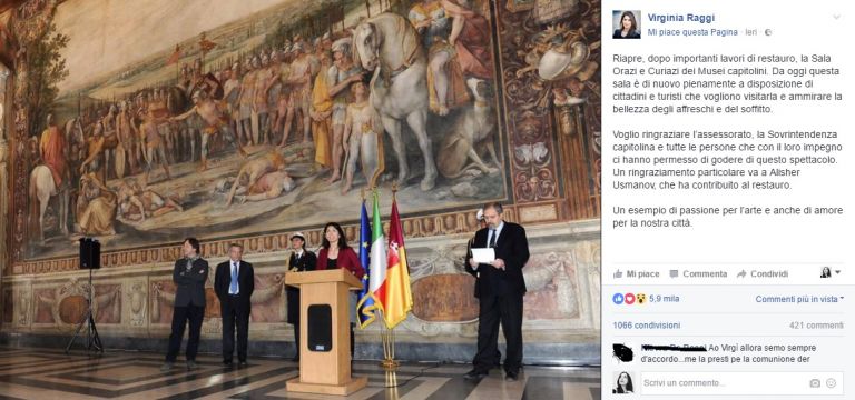 Il post di Virginia Raggi per celebrare l'affresco restaurato