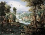 Jan Brueghel il Vecchio, Paesaggio fluviale con bagnanti, 1595-1600 ca.. Collezione privata