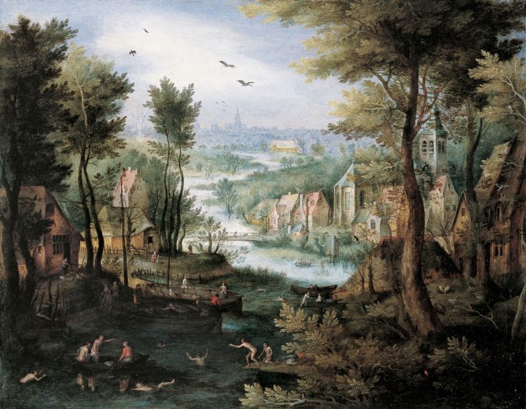 Jan Brueghel il Vecchio, Paesaggio fluviale con bagnanti, 1595-1600 ca.. Collezione privata