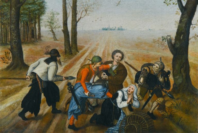 Marten van Cleve, Coppia di contadini assalita dai briganti, 1570-1577 ca.. Collezione privata