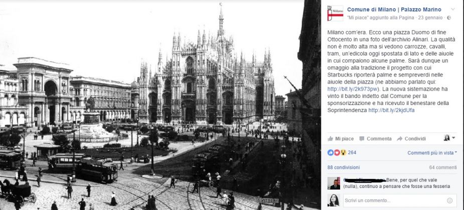 Palme a Piazza Duomo nell'800. Un post su Facebook del Comune di Milano
