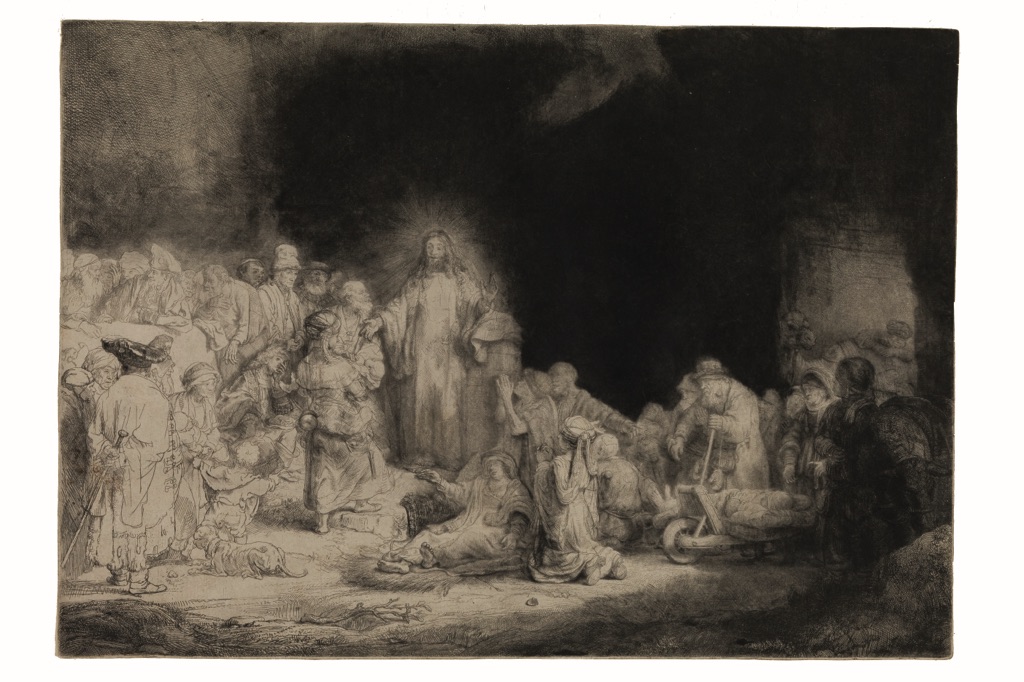 Rembrandt Harmenszoon van Rijn, La stampa dei cento fiorini, c. 1648, Acquaforte, puntasecca e bulino, 278 x 388 mm, Zorn Museum, Mora