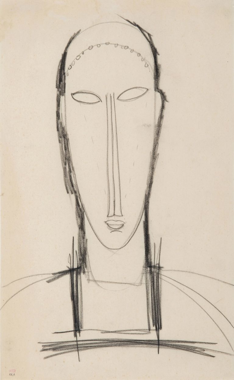 Amedeo Modigliani, Testa di fronte, 1912-1914. Matita su carta, 42,8 x 26,2 cm. Collezione privata