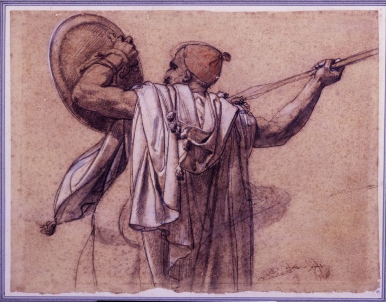 Anne-Louis Girodet de Roussy-Trioson, Arabo visto di spalle, rivolto a sinistra, mentre alza la sua lancia e il suo scudo, 31 x 41 cm, Parigi, collezione Prat