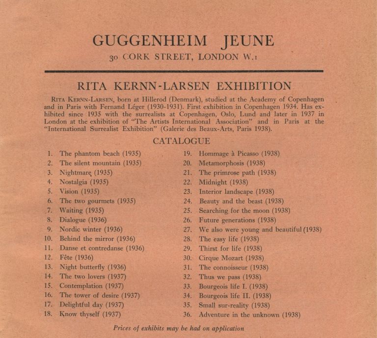 Catalogo della Mostra di dipinti surrealisti di Rita Kernn-Larsen alla Galleria Guggenheim Jeune, Londra, 1938, stampato sul London Bulletin, 1938. Peggy Guggenheim Collection Archives, Venezia