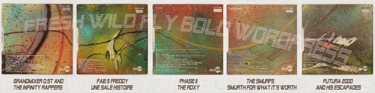 Il retro dei 5 dischi disegnati da Futura 2000 Cover di dischi in mostra a Torino. Trent’anni di musica scanditi da immagini d’artista