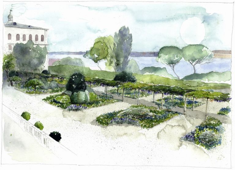 Anna Regge, acquerello 2017,Veduta dei Giardini Reali dalle finestre del Museo Correr_xl