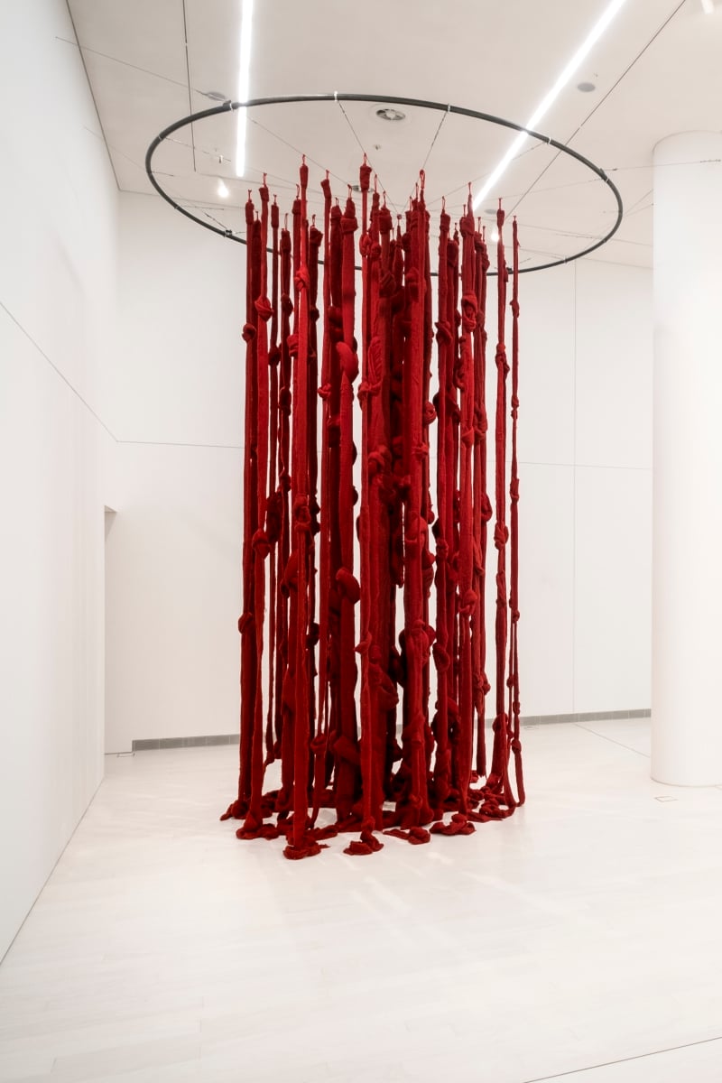 Cecilia Vicuña, Quipu Womb (The Story of the Red Thread, Athens), 2017, dyed wool, installation view, EMST—National Museum of Contemporary Art, Athens, documenta 14, photo: Mathias Völzke