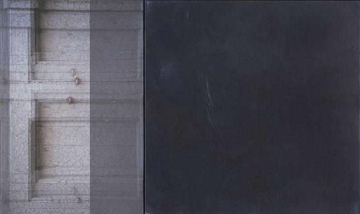 Claudia Peill, Il suo rovescio, 2017, acrilico su tela e base fotografica, 60x100 cm
