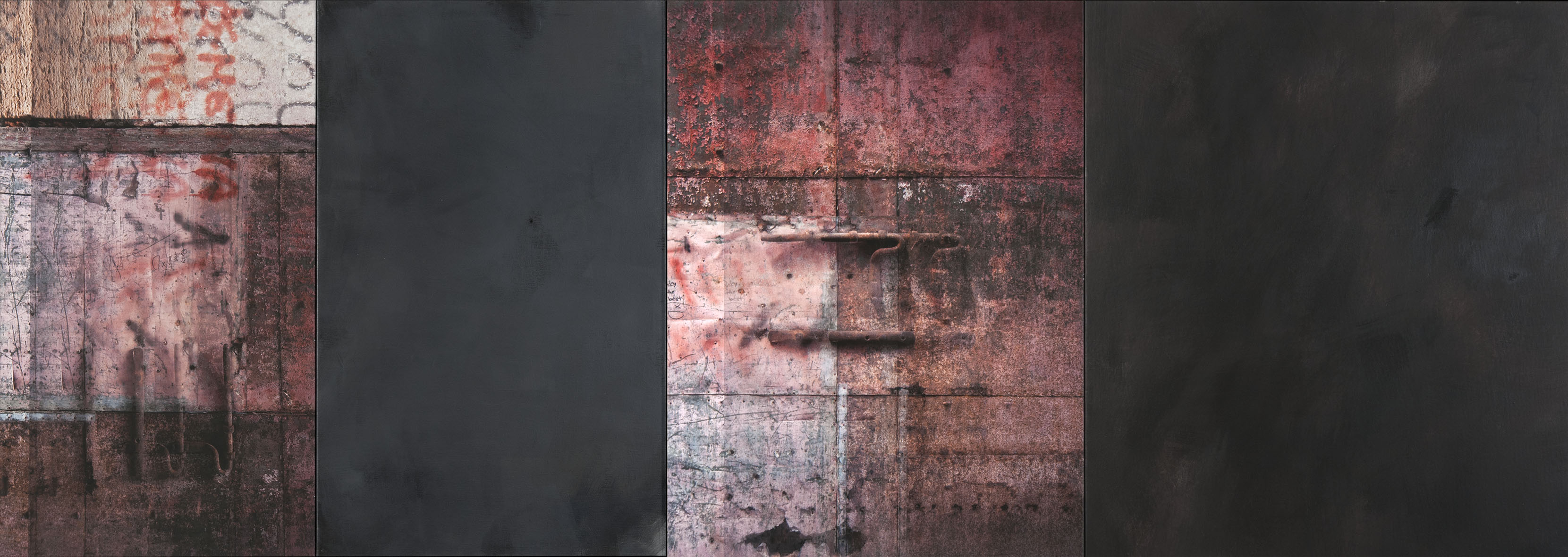 Claudia Peill, Storie, 2017, acrilico su tela e base fotografica, 80x225 cm