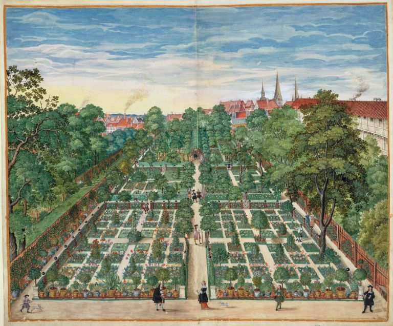 Hans Simon Holtzbecker, Il giardino barocco di Casper Anckelmann ad Amburgo, dagli Horti Anckelmanniani, tecnica mista su pergamena, 1664-71, Kupferstichkabinett–Staatliche Museen zu Berlin, © bpk / Kupferstichkabinett, SMB / Jörg P. Anders