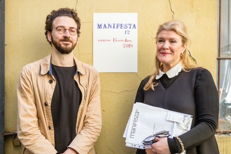 Hedwig Fijen e Ippolito Pestellini Laparelli, Creative Mediator per Manifesta 12. Presentazione a Milano, 3 aprile 2017, Francesco Pantaleone Gallery. Photo © Guido Rizzuti & Manifesta 12