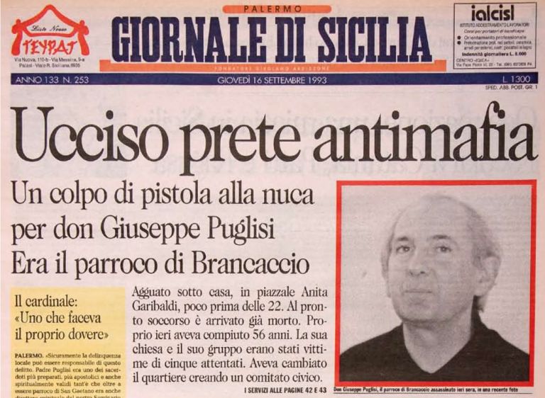 La notizia dell'uccisione di Don Pino Puglisi sulla prima pagina del Giornale di Sicilia