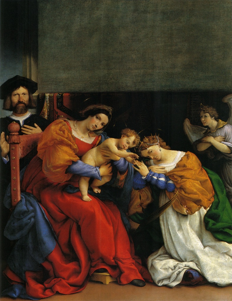 Lorenzo Lotto, Matrimonio mistico di Santa Caterina di Alessandria, 1523. Olio su tela, cm 189,3 x 134,3. Bergamo, Accademia Carrara