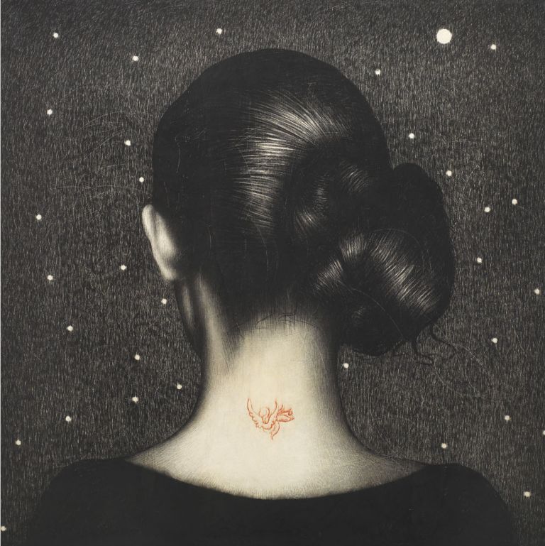 Omar Galliani, Berenice, 2015, matita nera e tempera su tavola, cm 130x130