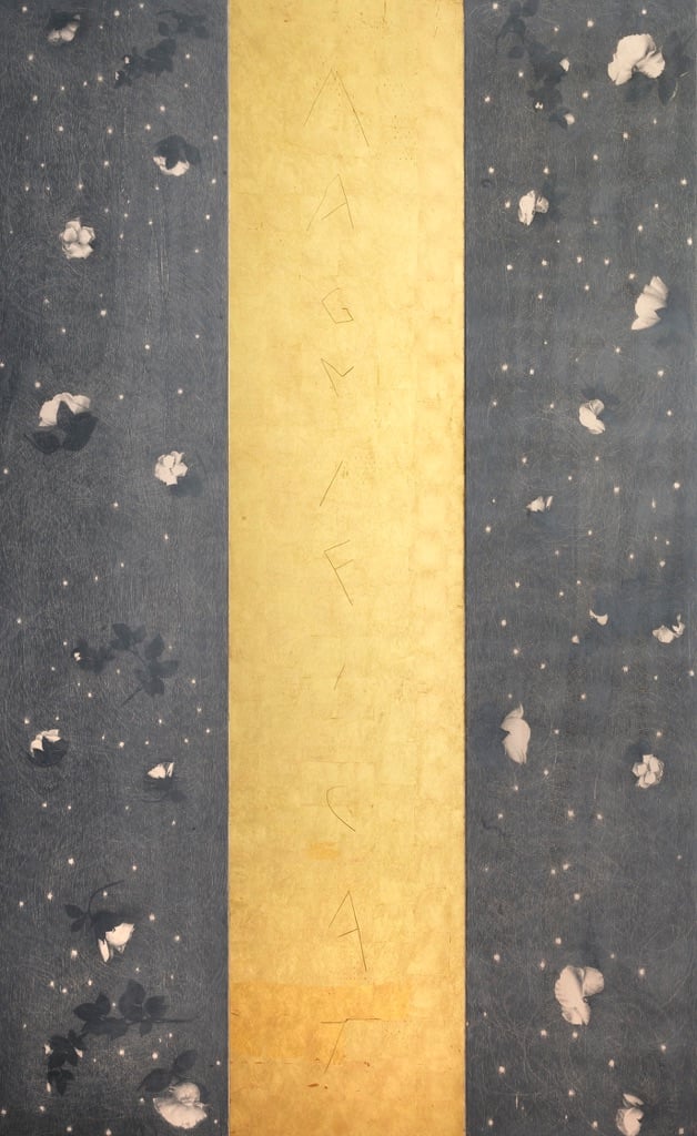 Omar Galliani, Magnificat. Soltanto rose, 2008, grafite e foglia oro su tavola (trittico),cm 210x135 (3 tavole di 210x45 cad.)