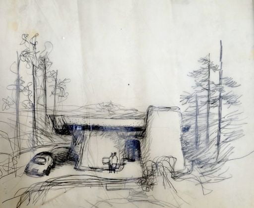 Sketch for unbuilt Greber Studio, Beverly Glen, California (detail, left), Frank Gehry, 1967. Frank Gehry Papers. The Getty Research Institute. © Frank O. Gehry