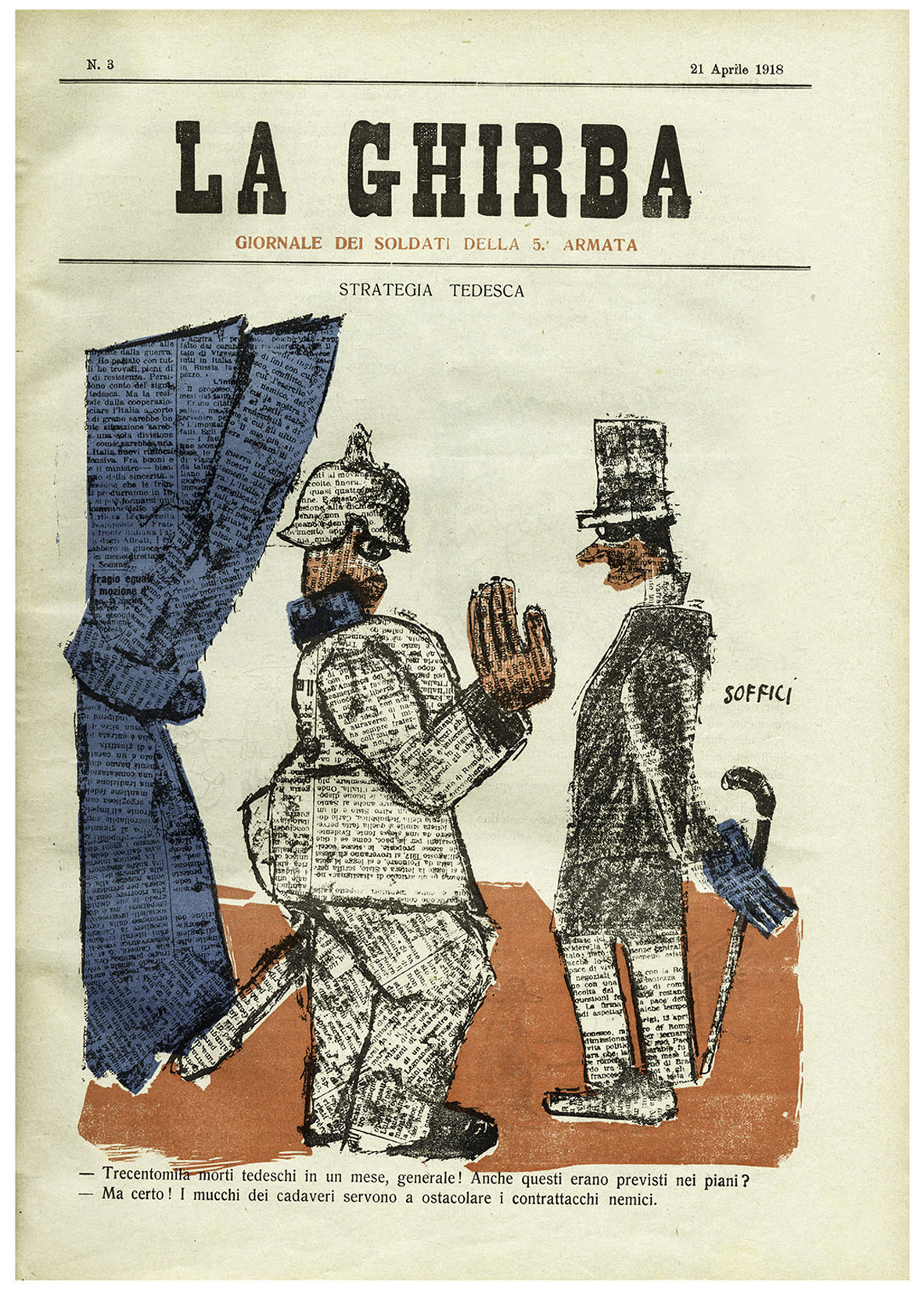 Ardengo Soffici, Trecentomila morti in un mese Generale!..., copertina de “La Ghirba” n. 3, 21 aprile 1918
