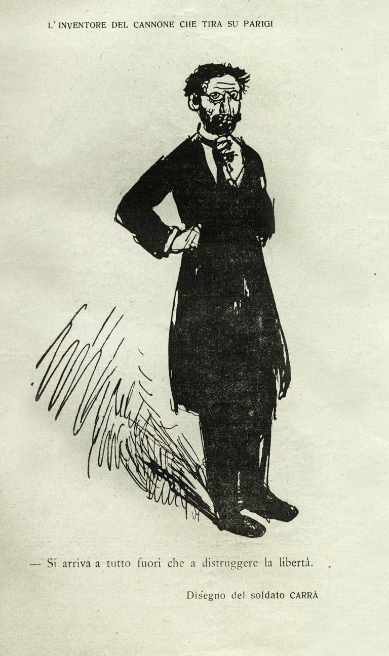 Carlo Carrà, L’inventore del Cannone che tira su Parigi, “La Ghirba” n. 4, 28 aprile 1918
