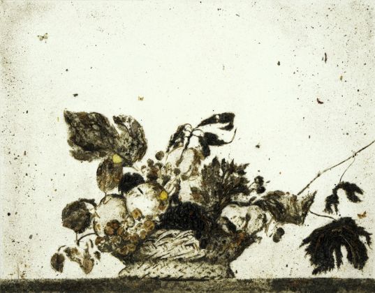 Enzo Fiore, Appropriazione. Canestra di frutta, 2015 tecnica mista su tela (resina, terra, foglie, radici, insetti...)
