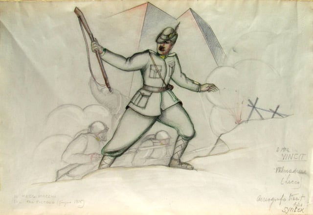 Ivo Pannaggi, Soldati della prima guerra mondiale, 1920 ca., tecnica mista su carta, 52,5x72 cm