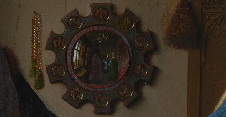 Jan van Eyck, Ritratto dei coniugi Arnolfini, 1434 (particolare). National Gallery, Londra