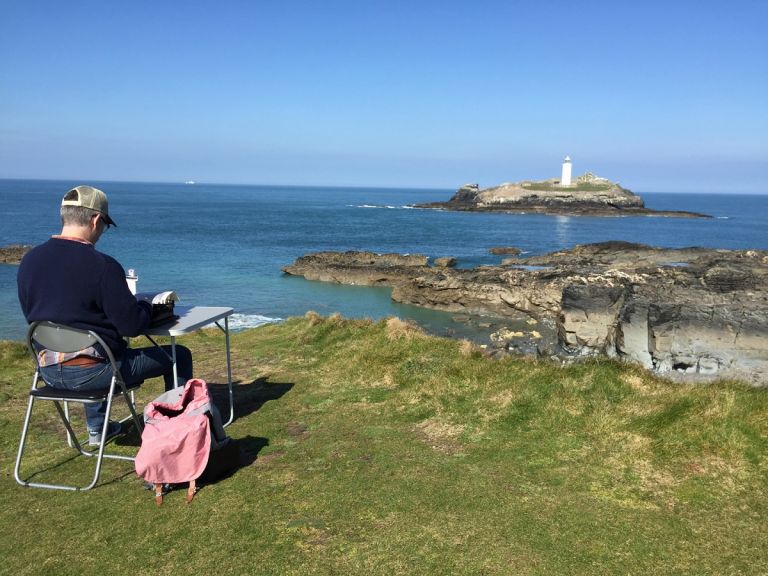 Tim Youd retyping Virginia Woolf’s To the Lighthouse. Godrevy Lighthouse and Penwith Gallery, St. Ives, Cornwall, England, April 2015. Courtesy the artist and Cristin Tierney Gallery, New York