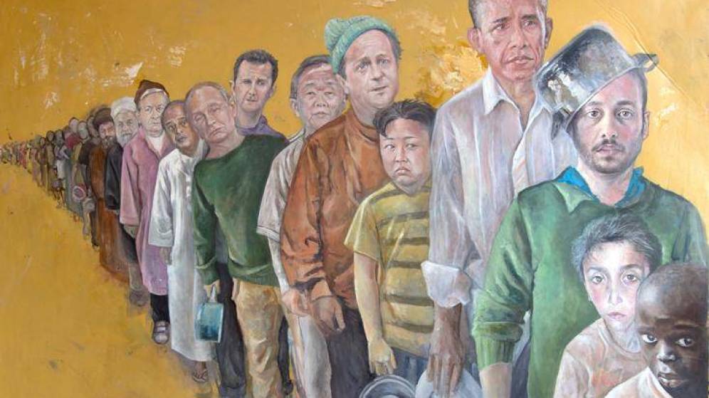 Abdalla Al Omari dipinge Trump e gli altri leader della Terra come rifugiati siriani. Le immagini