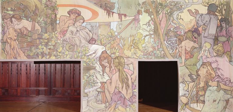 Alfons Mucha (1860-1939), Doba ŘímskÁ a pŘÍchod Slovanů (L’epoca romana e l’arrivo degli Slavi), 1900 Dipinto decorativo per il padiglione della Bosnia-Erzegovina all’Esposizione Universale di Parigi del 1900 Acquerello e colore stemperato su tela; 345 × 692 cm. UPM inv. n. GS 19 438