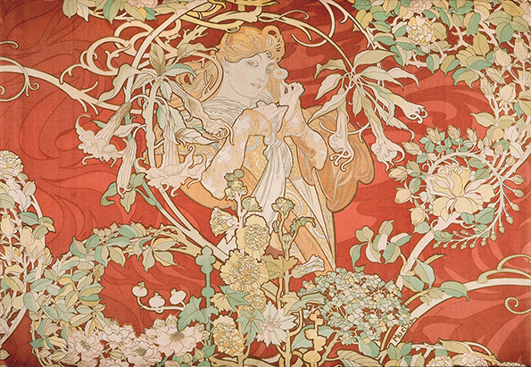 Alfons Mucha (1860-1939), Esecutore ignoto. Pannello raffigurante una fanciulla con pratolina, 1900 circa Seta multicolore, tessuto stampato a mano; 64 × 88 cm. UPM inv. n. 66 536