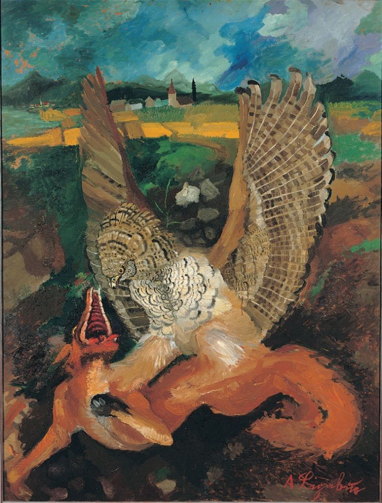 Antonio Ligabue, Aquila con volpe, 1949 50, olio su tavola di faesite, 144x109 cm