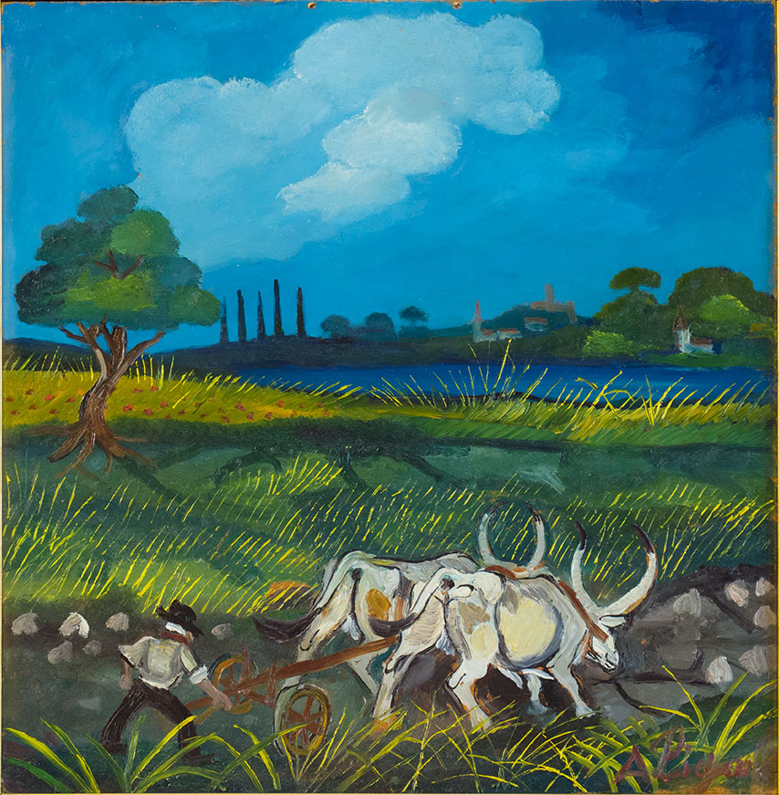 Antonio Ligabue, Aratura coi buoi, 1950-55, olio su faesite, 46x44 cm