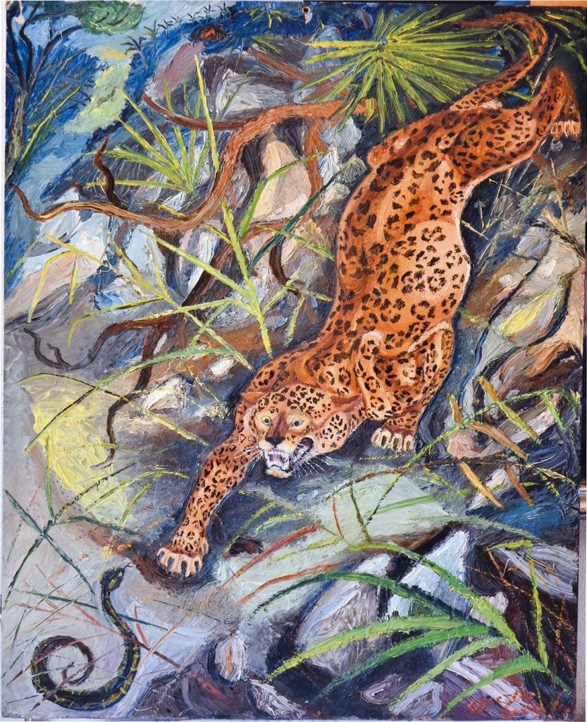 Antonio Ligabue, Leopardo con serpente, 1942 44, olio su tavola di compensato, 48x38,8 cm
