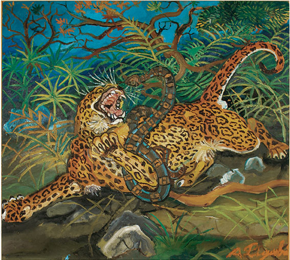 Antonio Ligabue, Leopardo con serpente, 1953 55, olio su tavola di faesite, 51x56,7 cm