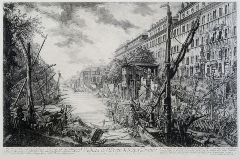 Giovanni Battista Piranesi, Veduta del Porto di Ripa Grande e del Tevere con le imbarcazioni, 1753 1758, acquaforte, Museo di Roma