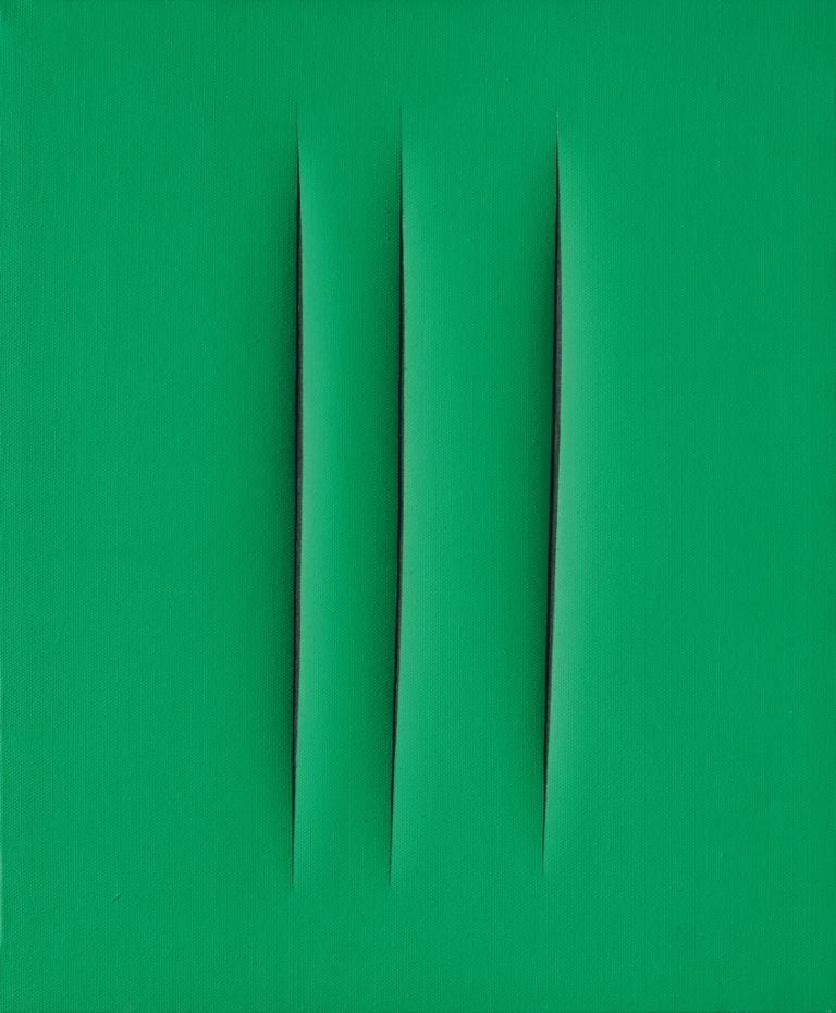 Lucio Fontana, Concetto Spaziale, Attese, 1967. Riportante l'iscrizione 'l. Fontana, Concetto Spaziale, ATTESE, Sono ancora tanto triste, ciao Blek. Courtesy Mazzoleni