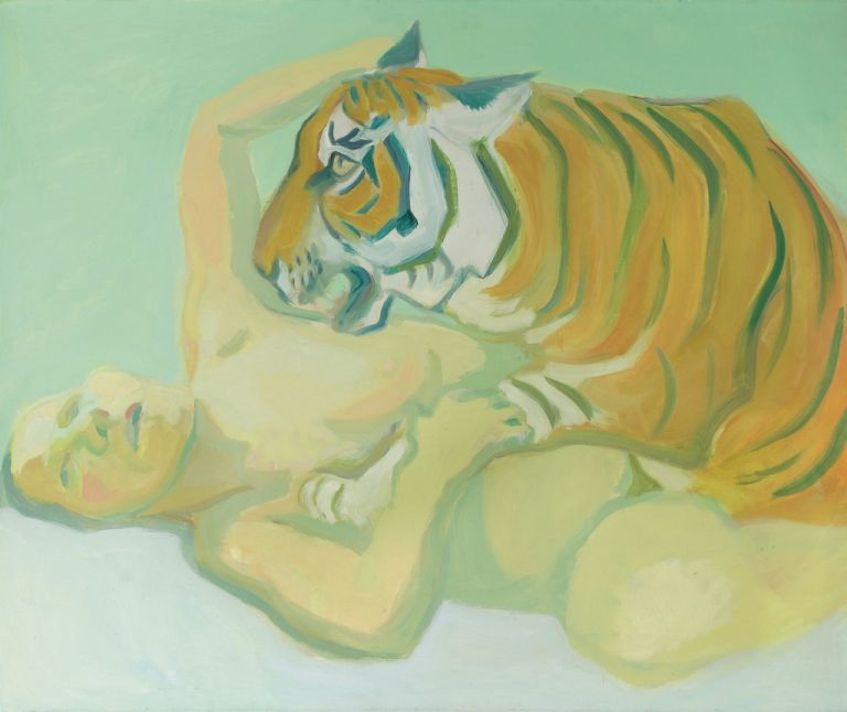 Maria Lassnig, Mit einem Tiger schlafen, 1975. Albertina, Vienna