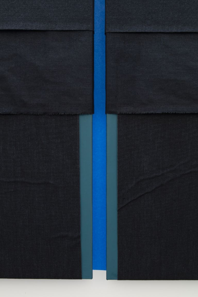 N. Dash, Untitled, 2017, (detail), oil, pigment, acrylic, linen, painters tape, wood support, photo Jean Vong, Courtesy the artist, Casey Kaplan Gallery, New York, and Mehdi Chouakri, Berlin