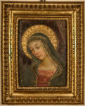 Bernardino di Betto, detto Pintoricchio (Perugia c. 1454 – Siena 1513) Madonna, frammento della distrutta Investitura divina di Alessandro VI, c. 1492 1493 dipinto murario entro cornice seicentesca, cm